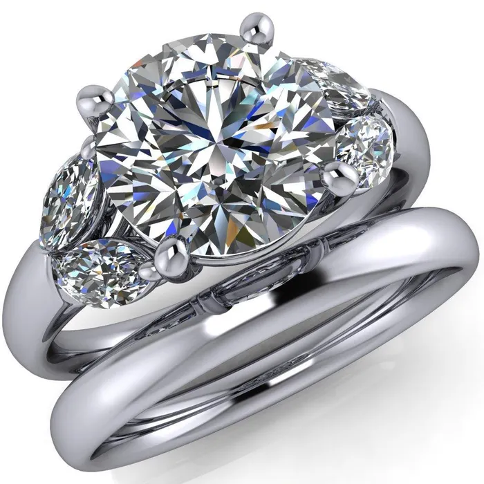 Rings Fire Brilliance Adrenne Round Center Stone 4 Prong Double Marquise Side Ring