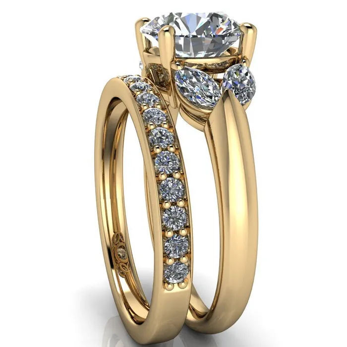 Rings Fire Brilliance Adrenne Round Center Stone 4 Prong Double Marquise Side Ring