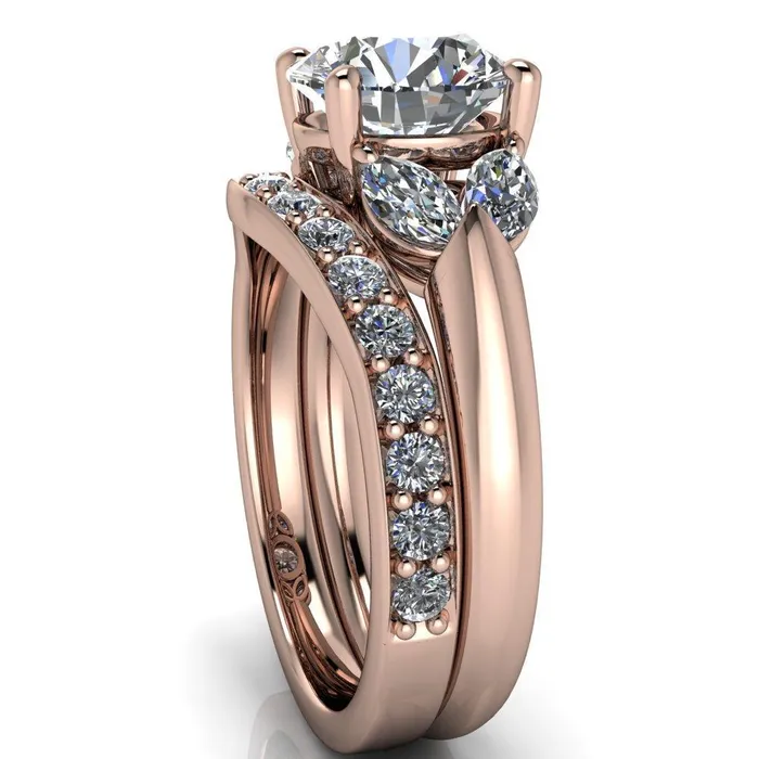 Rings Fire Brilliance Adrenne Round Center Stone 4 Prong Double Marquise Side Ring