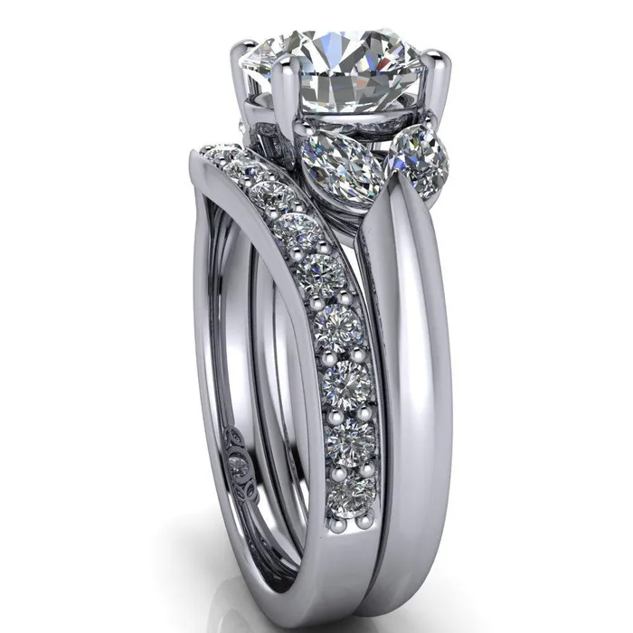 Rings Fire Brilliance Adrenne Round Center Stone 4 Prong Double Marquise Side Ring