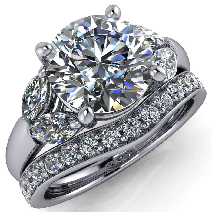 Rings Fire Brilliance Adrenne Round Center Stone 4 Prong Double Marquise Side Ring