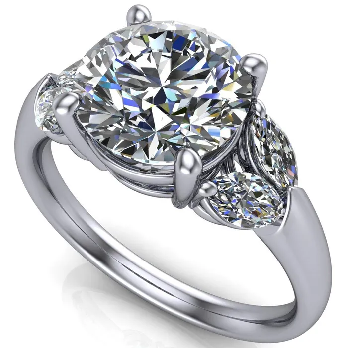 Rings Fire Brilliance Adrenne Round Center Stone 4 Prong Double Marquise Side Ring