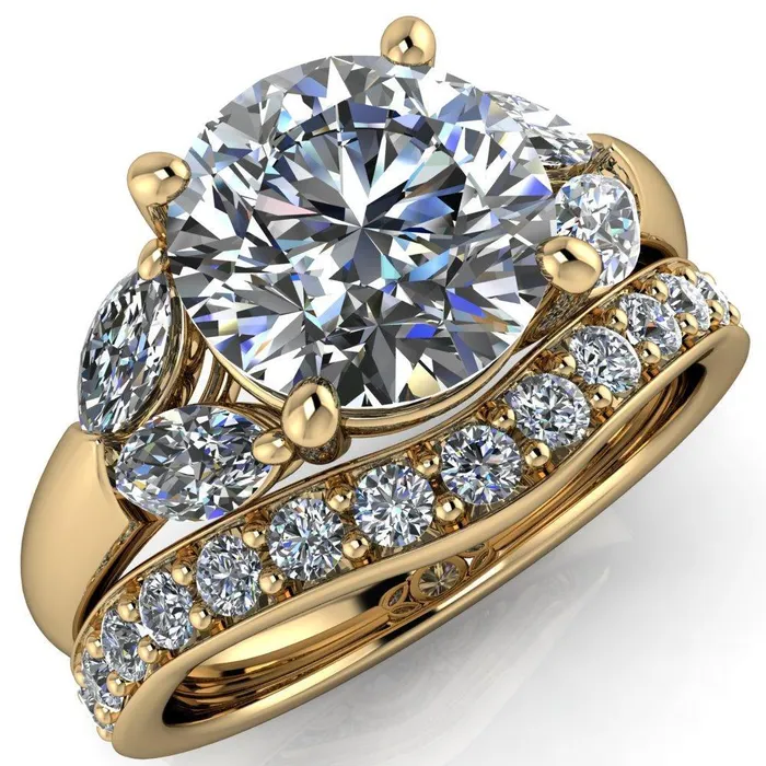 Rings Fire Brilliance Adrenne Round Center Stone 4 Prong Double Marquise Side Ring