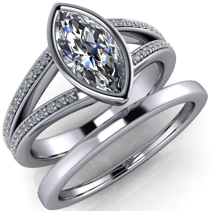 Rings Fire Brilliance Bethany Marquise Center Stone Full Bezel Split Shank Diamond Channel Ring