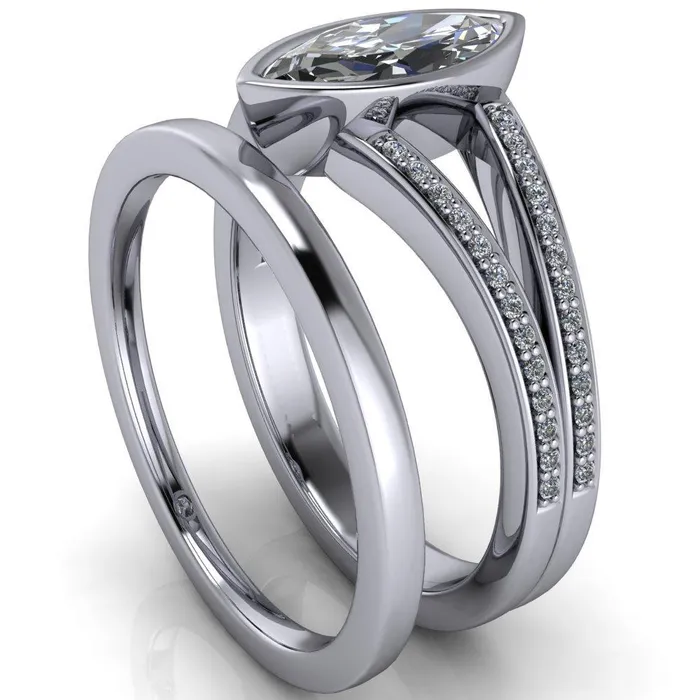 Rings Fire Brilliance Bethany Marquise Center Stone Full Bezel Split Shank Diamond Channel Ring