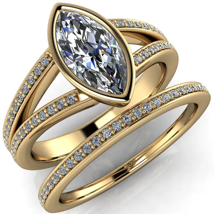 Rings Fire Brilliance Bethany Marquise Center Stone Full Bezel Split Shank Diamond Channel Ring