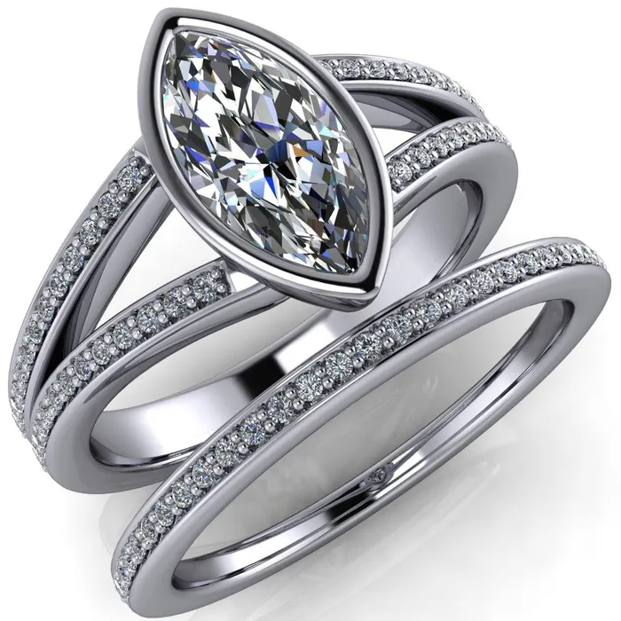 Rings Fire Brilliance Bethany Marquise Center Stone Full Bezel Split Shank Diamond Channel Ring
