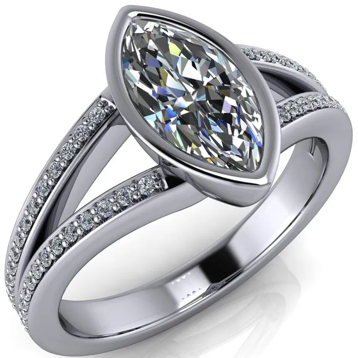 Rings Fire Brilliance Bethany Marquise Center Stone Full Bezel Split Shank Diamond Channel Ring