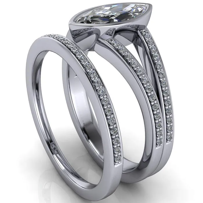 Rings Fire Brilliance Bethany Marquise Center Stone Full Bezel Split Shank Diamond Channel Ring