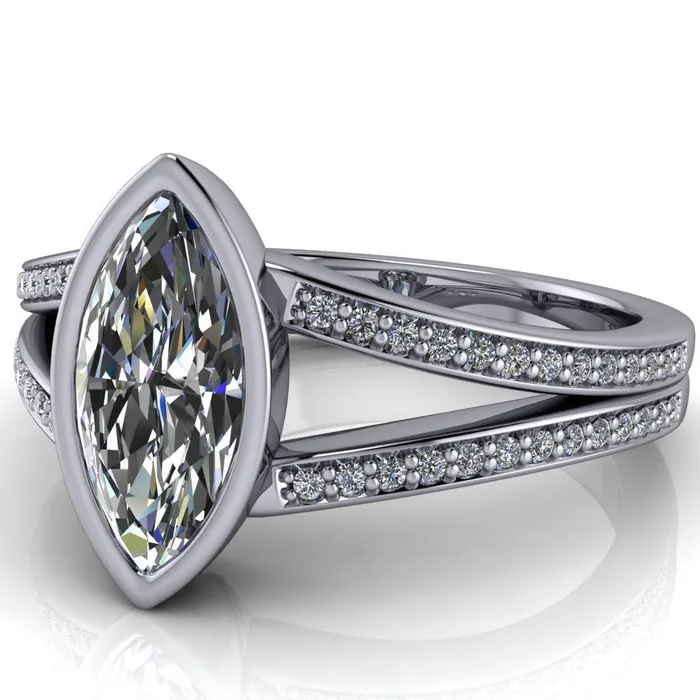 Rings Fire Brilliance Bethany Marquise Center Stone Full Bezel Split Shank Diamond Channel Ring