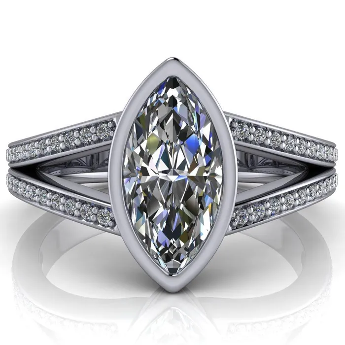 Rings Fire Brilliance Bethany Marquise Center Stone Full Bezel Split Shank Diamond Channel Ring