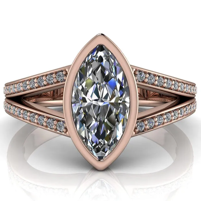 Rings Fire Brilliance Bethany Marquise Center Stone Full Bezel Split Shank Diamond Channel Ring