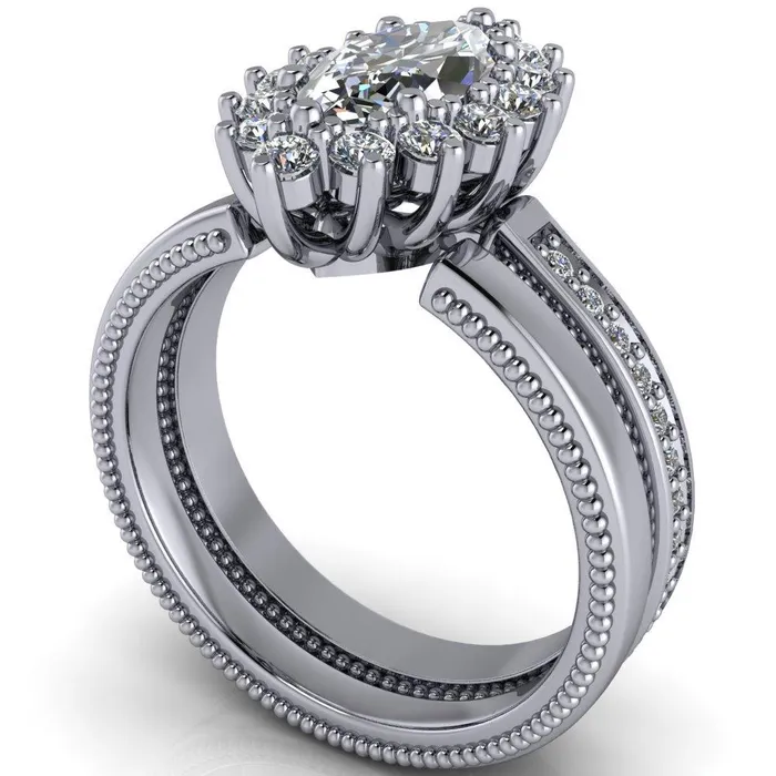 Rings Fire Brilliance Calysta Marquise Center Stone Halo Milgrain Shank Enagement Ring