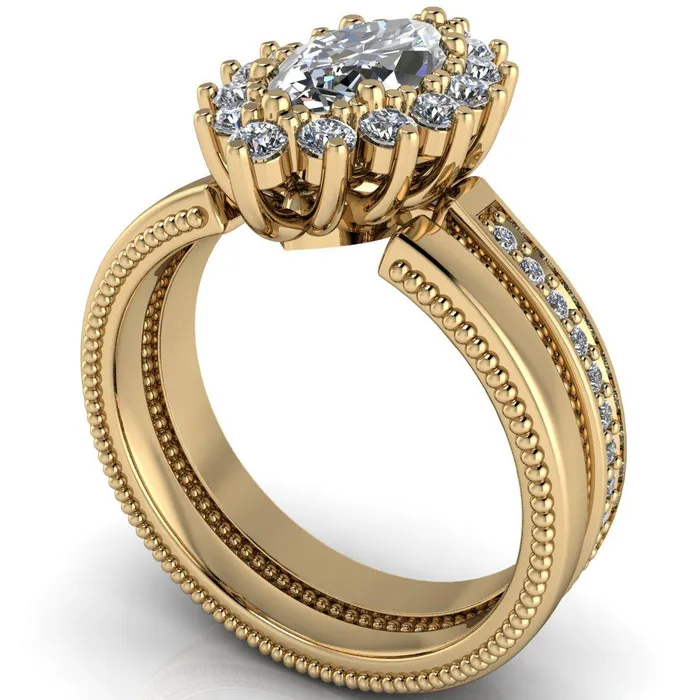 Rings Fire Brilliance Calysta Marquise Center Stone Halo Milgrain Shank Enagement Ring