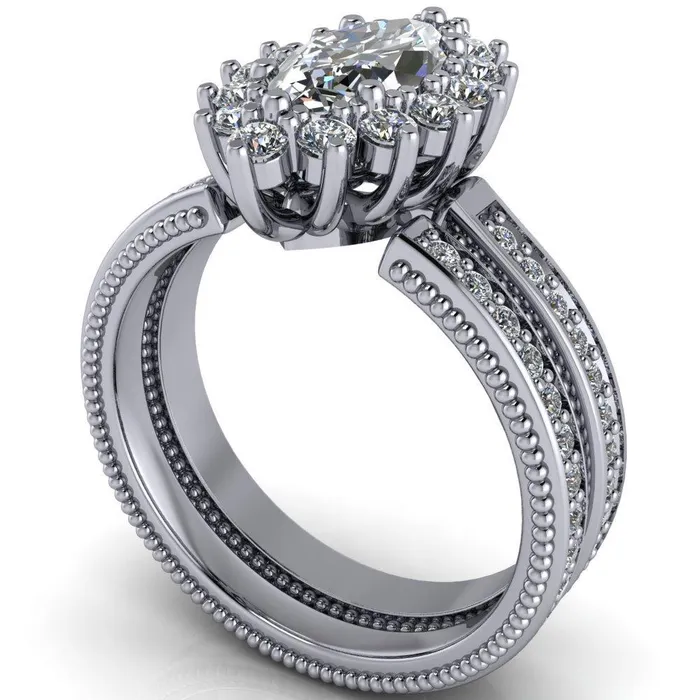 Rings Fire Brilliance Calysta Marquise Center Stone Halo Milgrain Shank Enagement Ring