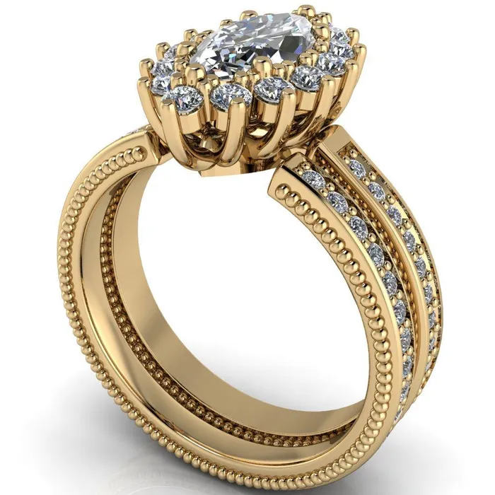 Rings Fire Brilliance Calysta Marquise Center Stone Halo Milgrain Shank Enagement Ring