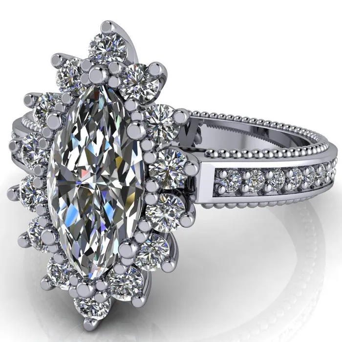Rings Fire Brilliance Calysta Marquise Center Stone Halo Milgrain Shank Enagement Ring
