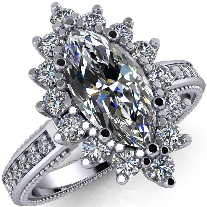 Rings Fire Brilliance Calysta Marquise Center Stone Halo Milgrain Shank Enagement Ring
