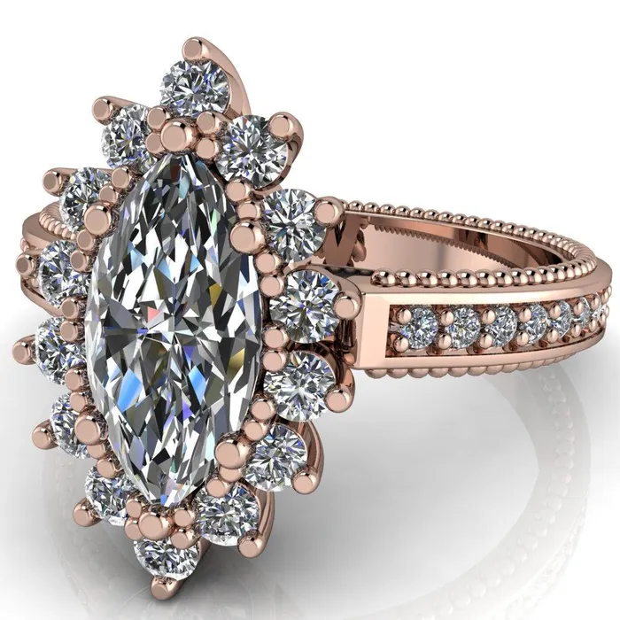 Rings Fire Brilliance Calysta Marquise Center Stone Halo Milgrain Shank Enagement Ring
