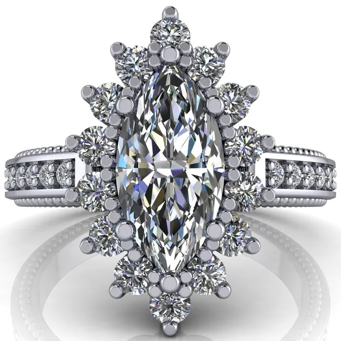 Rings Fire Brilliance Calysta Marquise Center Stone Halo Milgrain Shank Enagement Ring