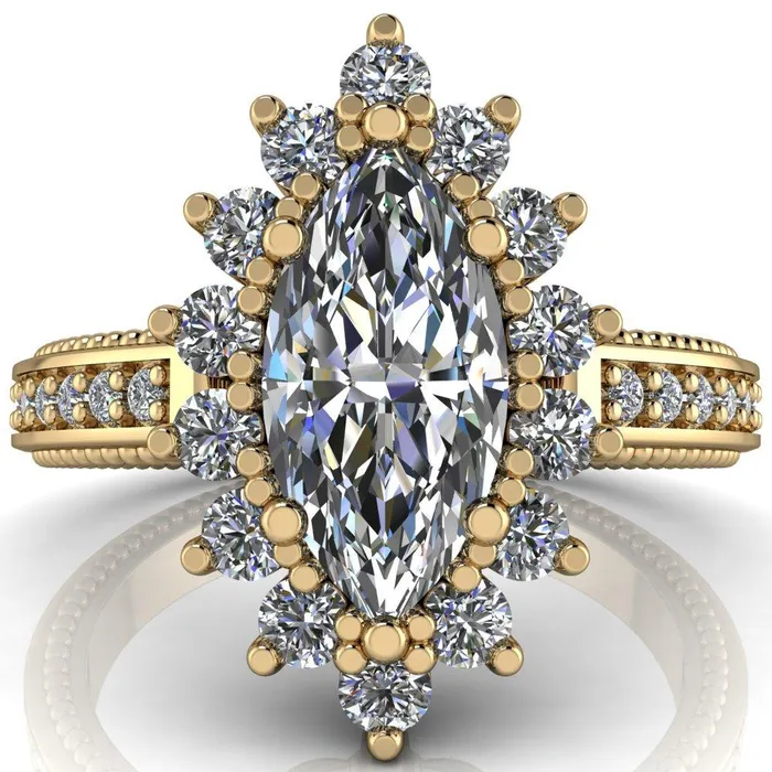Rings Fire Brilliance Calysta Marquise Center Stone Halo Milgrain Shank Enagement Ring