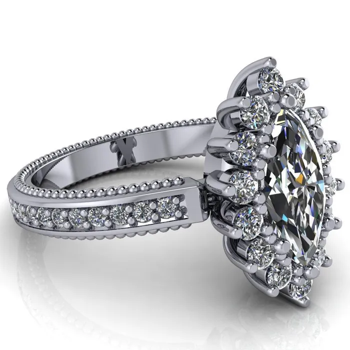 Rings Fire Brilliance Calysta Marquise Center Stone Halo Milgrain Shank Enagement Ring