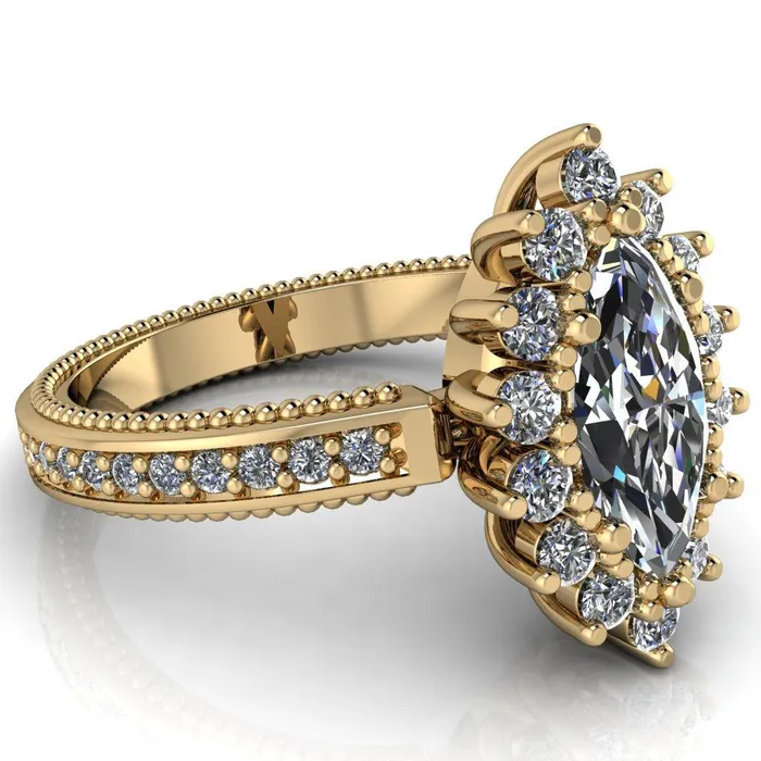 Rings Fire Brilliance Calysta Marquise Center Stone Halo Milgrain Shank Enagement Ring