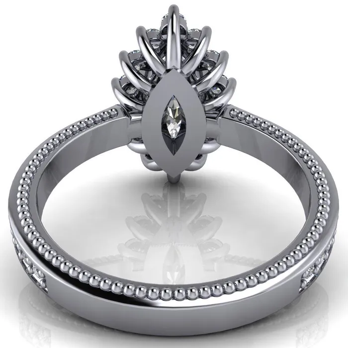 Rings Fire Brilliance Calysta Marquise Center Stone Halo Milgrain Shank Enagement Ring