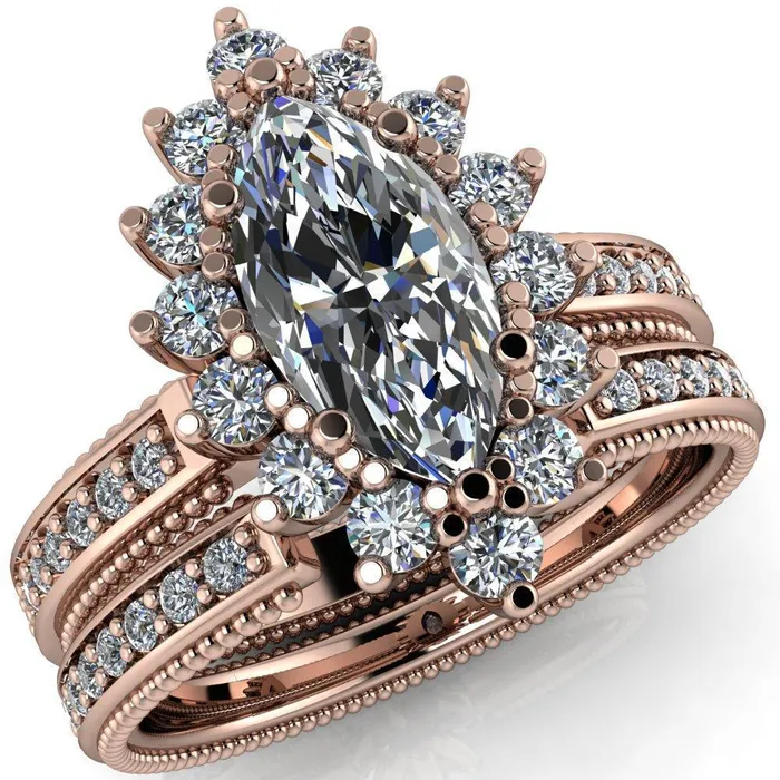 Rings Fire Brilliance Calysta Marquise Center Stone Halo Milgrain Shank Enagement Ring