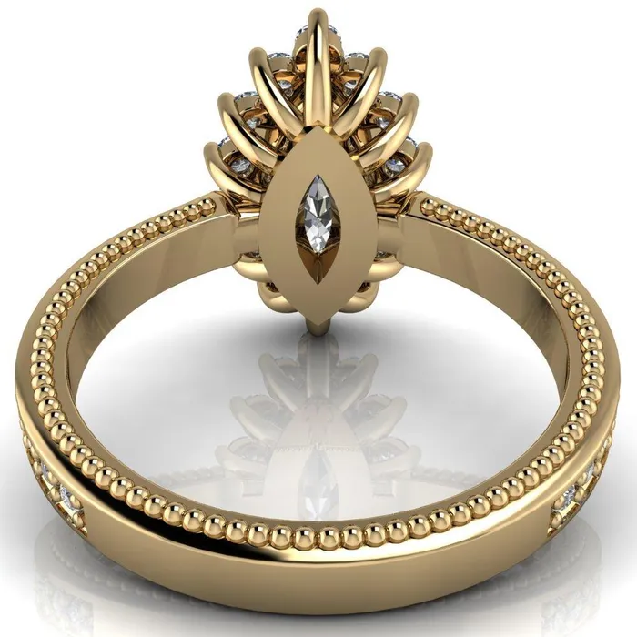 Rings Fire Brilliance Calysta Marquise Center Stone Halo Milgrain Shank Enagement Ring