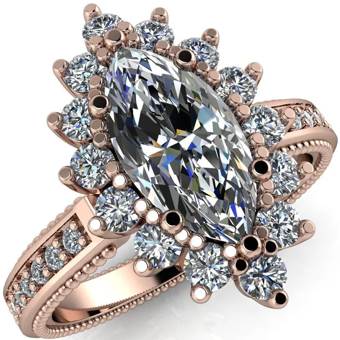 Rings Fire Brilliance Calysta Marquise Center Stone Halo Milgrain Shank Enagement Ring