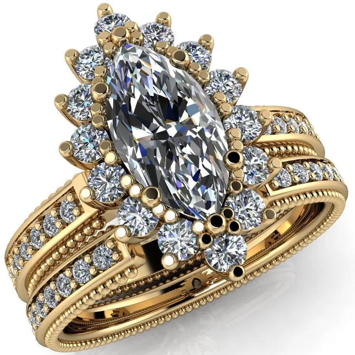 Rings Fire Brilliance Calysta Marquise Center Stone Halo Milgrain Shank Enagement Ring