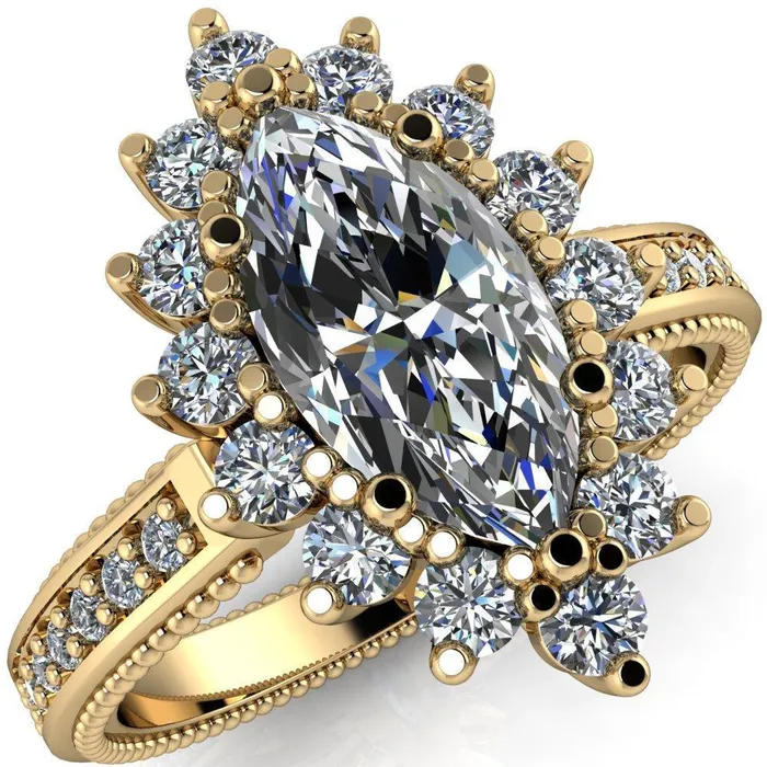 Rings Fire Brilliance Calysta Marquise Center Stone Halo Milgrain Shank Enagement Ring