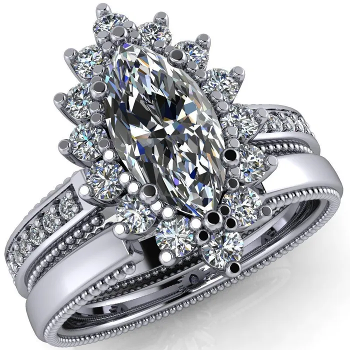 Rings Fire Brilliance Calysta Marquise Center Stone Halo Milgrain Shank Enagement Ring