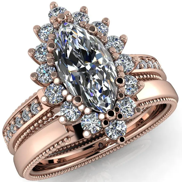 Rings Fire Brilliance Calysta Marquise Center Stone Halo Milgrain Shank Enagement Ring