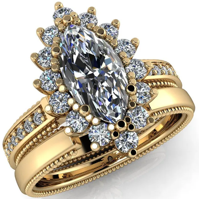 Rings Fire Brilliance Calysta Marquise Center Stone Halo Milgrain Shank Enagement Ring
