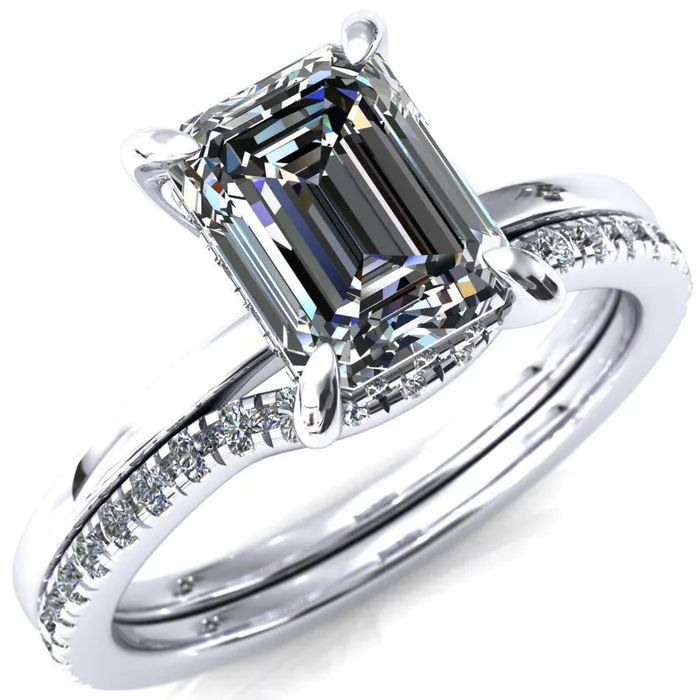 Rings Fire Brilliance Carmeli Emerald Moissanite 4 Claw Prong Micro Pave Diamond Rail Engagement Ring Rings Fire Brilliance Carmeli Emerald Moissanite 4 Claw Prong Micro Pave Diamond Rail Engagement Ring