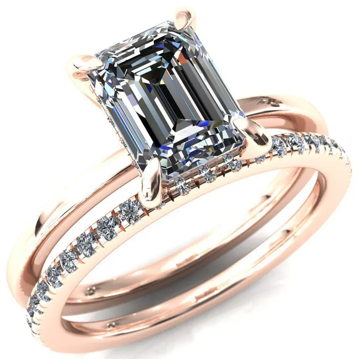 Rings Fire Brilliance Carmeli Emerald Moissanite 4 Claw Prong Micro Pave Diamond Rail Engagement Ring
