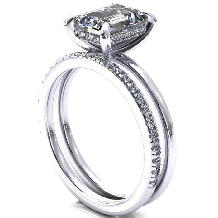 Rings Fire Brilliance Carmeli Emerald Moissanite 4 Claw Prong Micro Pave Diamond Rail Engagement Ring