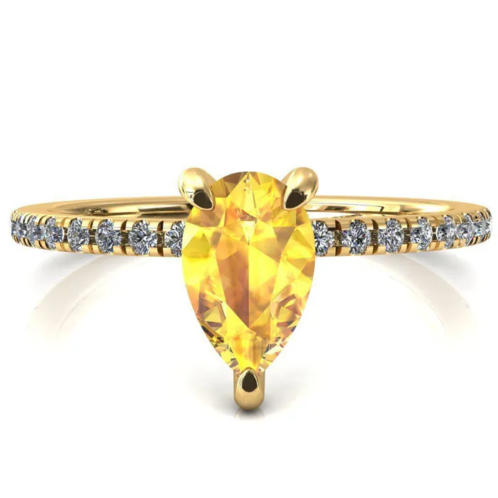 Rings Fire Brilliance Ezili Pear Yellow Sapphire 3 Claw Prong Micro Pave Diamond Sides Engagement Ring