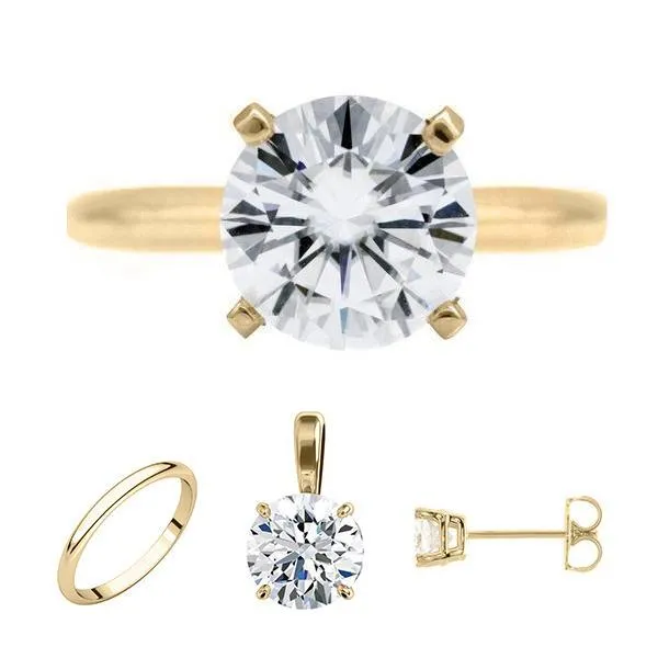 Rings Fire Brilliance FAB Round Moissanite 4 Prong Ring Complete 14K Yellow Gold Solitaire Wedding Set Rings Fire Brilliance FAB Round Moissanite 4 Prong Ring Complete 14K Yellow Gold Solitaire Wedding Set