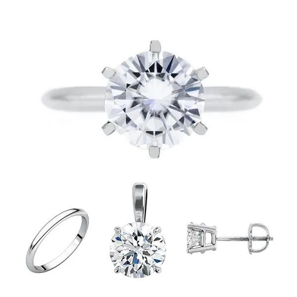 Rings Fire Brilliance FAB Round Moissanite 6 Prong Ring Complete Platinum Solitaire Wedding Set Rings Fire Brilliance FAB Round Moissanite 6 Prong Ring Complete Platinum Solitaire Wedding Set