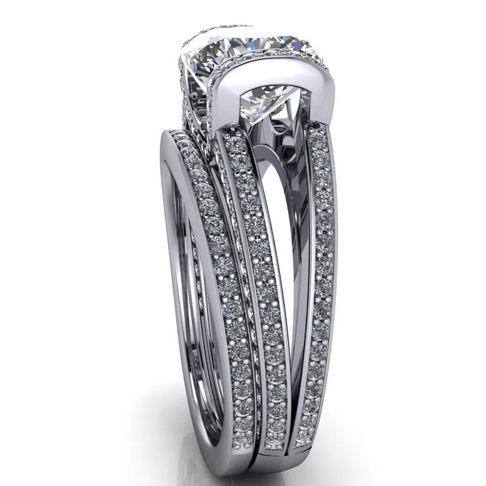 Rings Fire Brilliance Harlow Cushion Center Stone Half Bezel Split Shank Diamond Channel Cathedral Ring