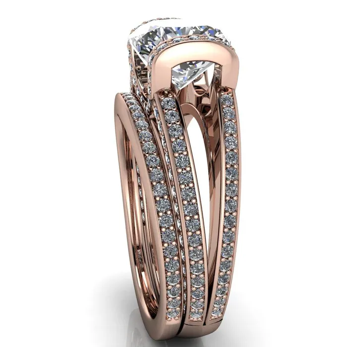 Rings Fire Brilliance Harlow Cushion Center Stone Half Bezel Split Shank Diamond Channel Cathedral Ring