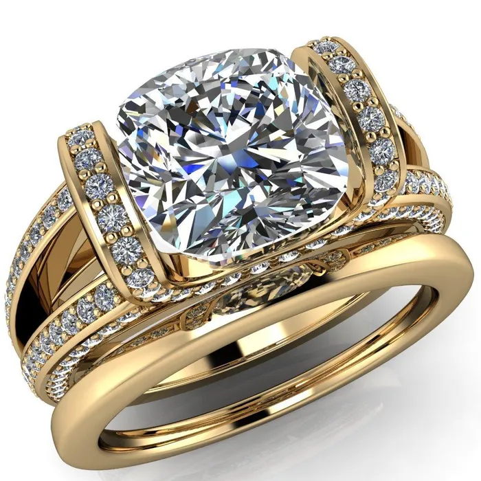 Rings Fire Brilliance Harlow Cushion Center Stone Half Bezel Split Shank Diamond Channel Cathedral Ring