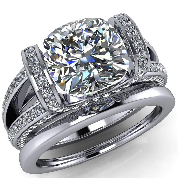 Rings Fire Brilliance Harlow Cushion Center Stone Half Bezel Split Shank Diamond Channel Cathedral Ring
