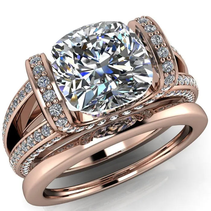 Rings Fire Brilliance Harlow Cushion Center Stone Half Bezel Split Shank Diamond Channel Cathedral Ring