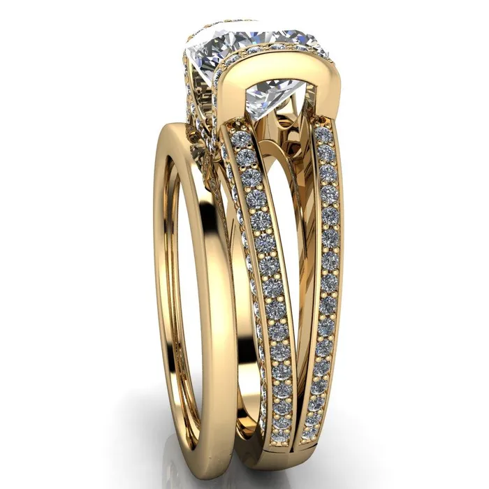Rings Fire Brilliance Harlow Cushion Center Stone Half Bezel Split Shank Diamond Channel Cathedral Ring