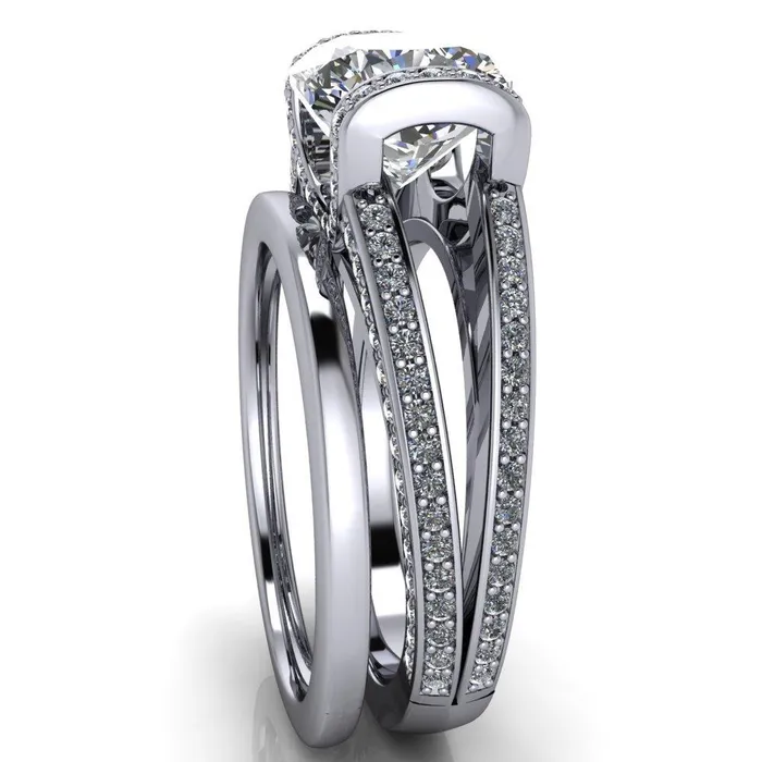 Rings Fire Brilliance Harlow Cushion Center Stone Half Bezel Split Shank Diamond Channel Cathedral Ring