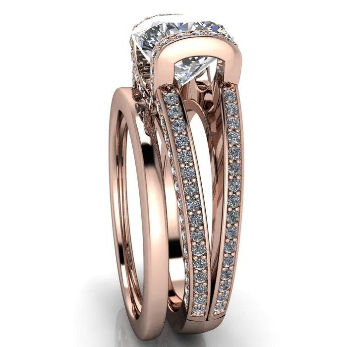 Rings Fire Brilliance Harlow Cushion Center Stone Half Bezel Split Shank Diamond Channel Cathedral Ring